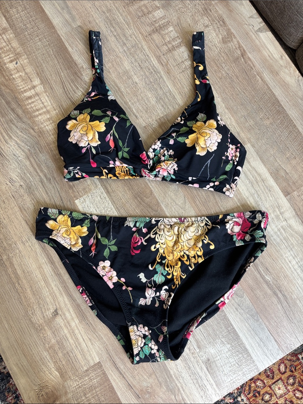 Johnny Was Black Floral Bikini Set with Yellow and Pink Blooms